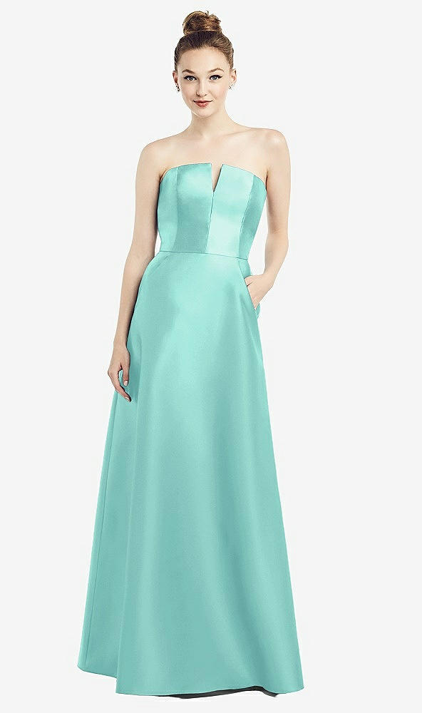Front View - Coastal Strapless Notch Satin Gown with Pockets