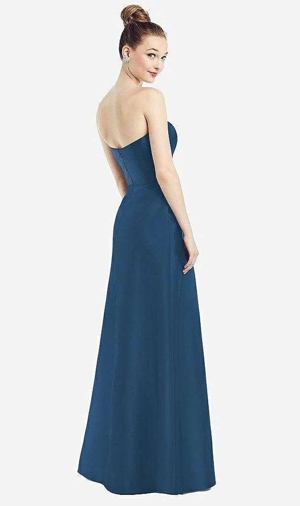 Back View - Dusk Blue Strapless Notch Satin Gown with Pockets