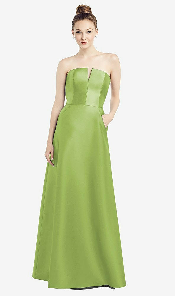 Front View - Mojito Strapless Notch Satin Gown with Pockets