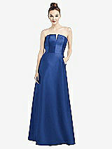 Front View Thumbnail - Classic Blue Strapless Notch Satin Gown with Pockets
