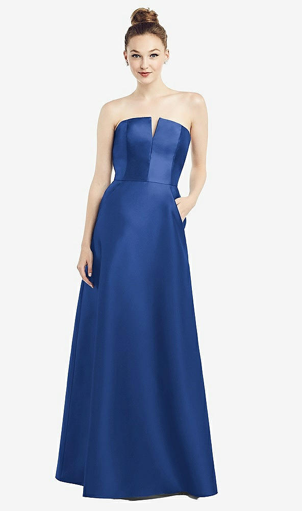 Front View - Classic Blue Strapless Notch Satin Gown with Pockets