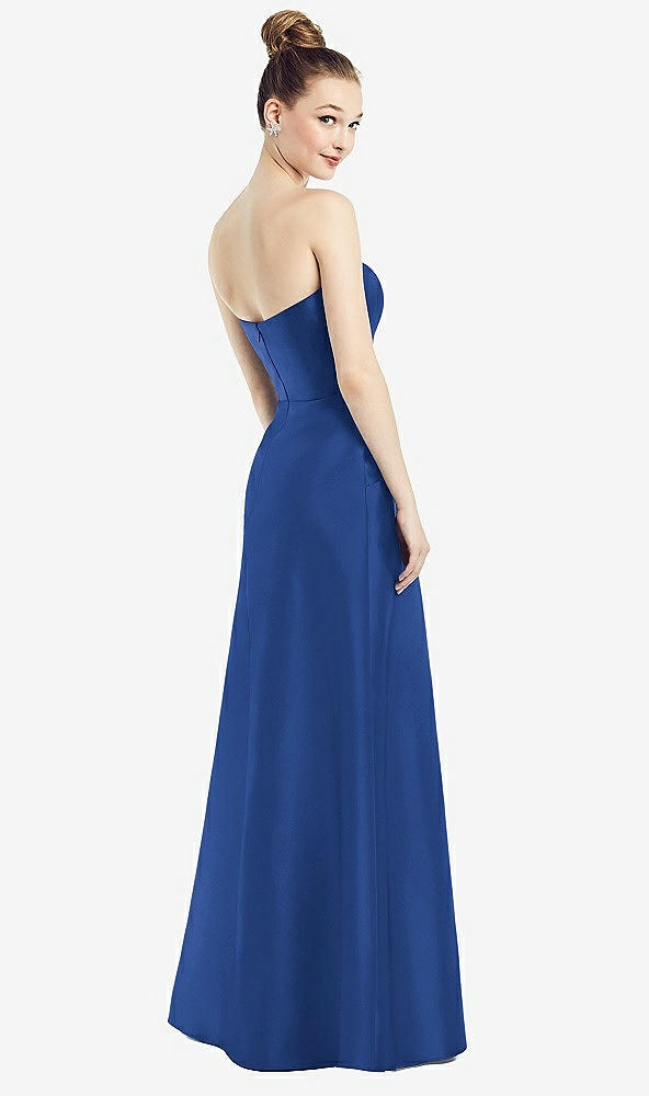 Back View - Classic Blue Strapless Notch Satin Gown with Pockets