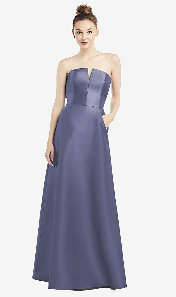 Front View - French Blue Strapless Notch Satin Gown with Pockets
