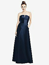 Front View Thumbnail - Midnight Navy Strapless Notch Satin Gown with Pockets