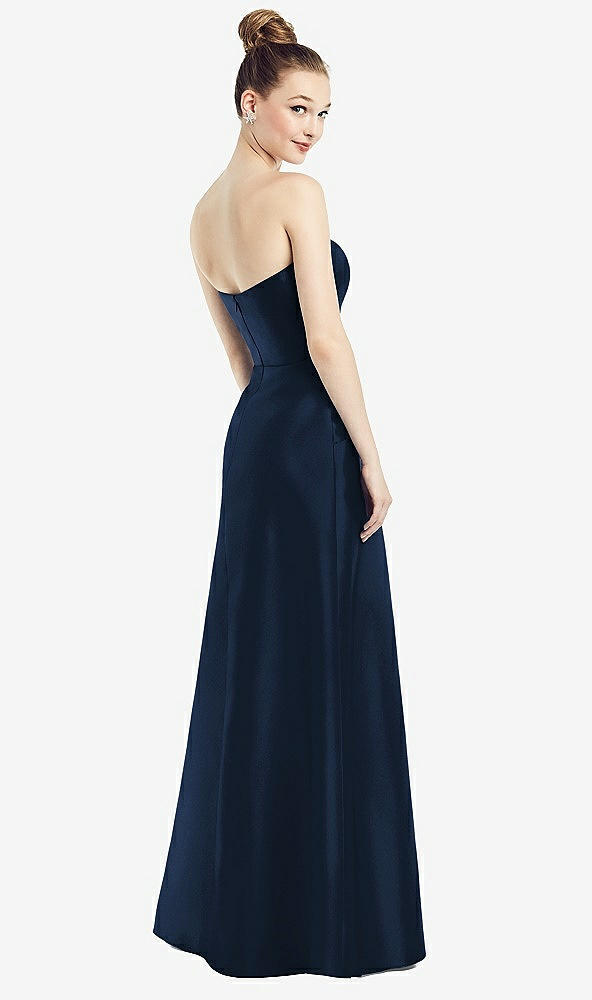 Back View - Midnight Navy Strapless Notch Satin Gown with Pockets