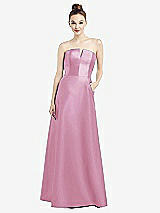 Front View Thumbnail - Powder Pink Strapless Notch Satin Gown with Pockets