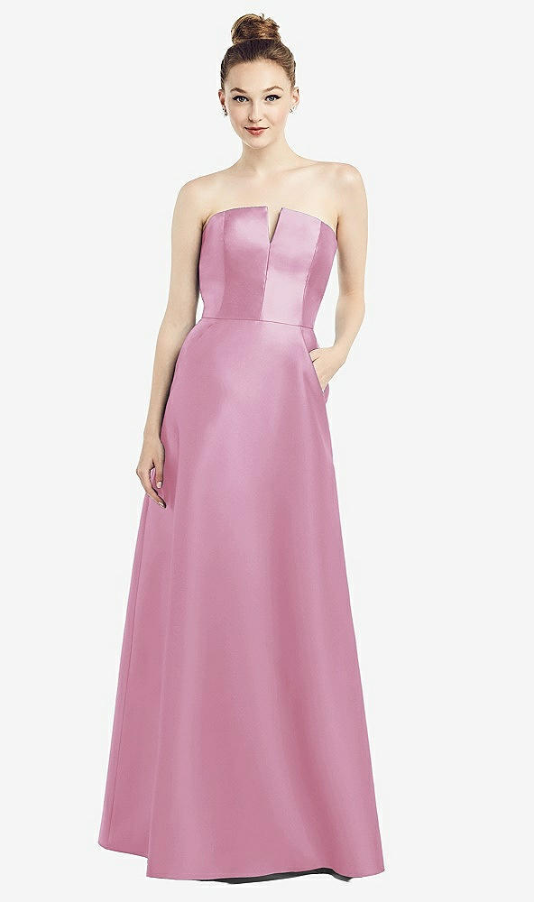 Front View - Powder Pink Strapless Notch Satin Gown with Pockets