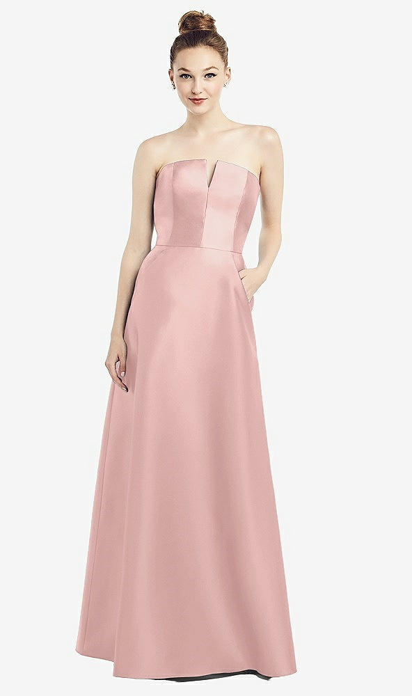 Front View - Rose - PANTONE Rose Quartz Strapless Notch Satin Gown with Pockets