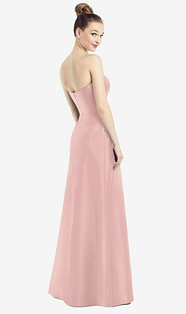Back View - Rose - PANTONE Rose Quartz Strapless Notch Satin Gown with Pockets