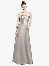 Front View Thumbnail - Taupe Strapless Notch Satin Gown with Pockets