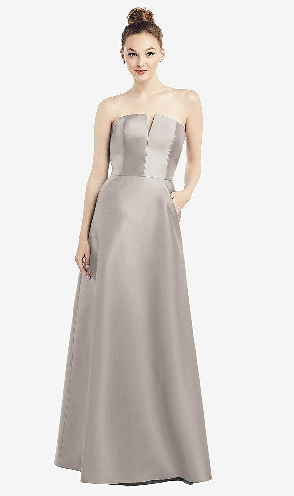 Front View - Taupe Strapless Notch Satin Gown with Pockets