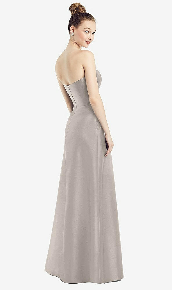 Back View - Taupe Strapless Notch Satin Gown with Pockets