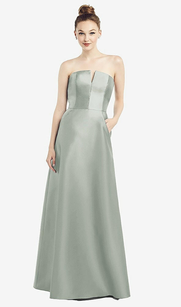 Front View - Willow Green Strapless Notch Satin Gown with Pockets