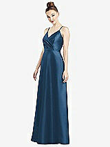 Front View Thumbnail - Dusk Blue Draped Wrap Satin Maxi Dress with Pockets