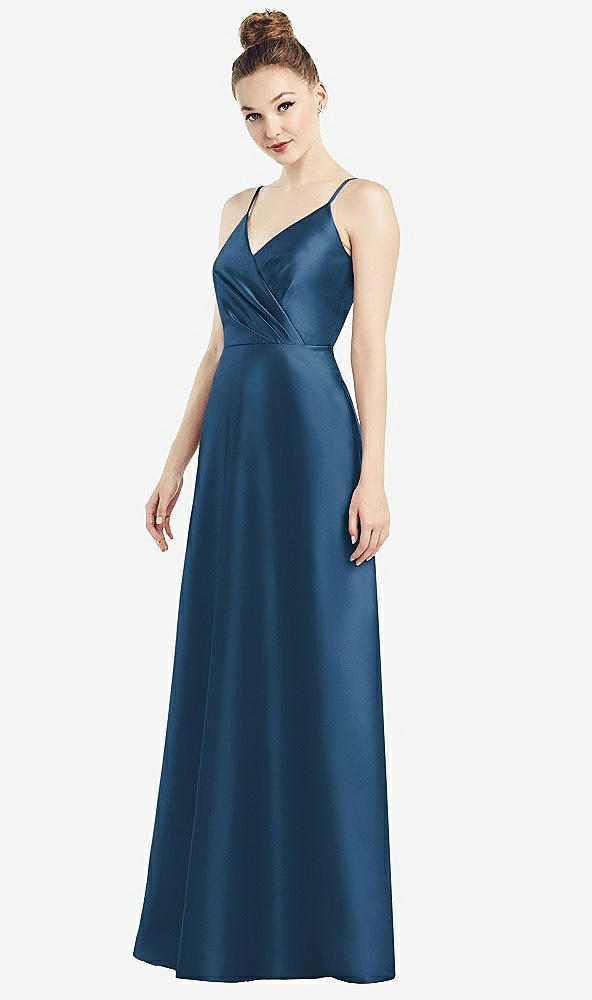 Front View - Dusk Blue Draped Wrap Satin Maxi Dress with Pockets