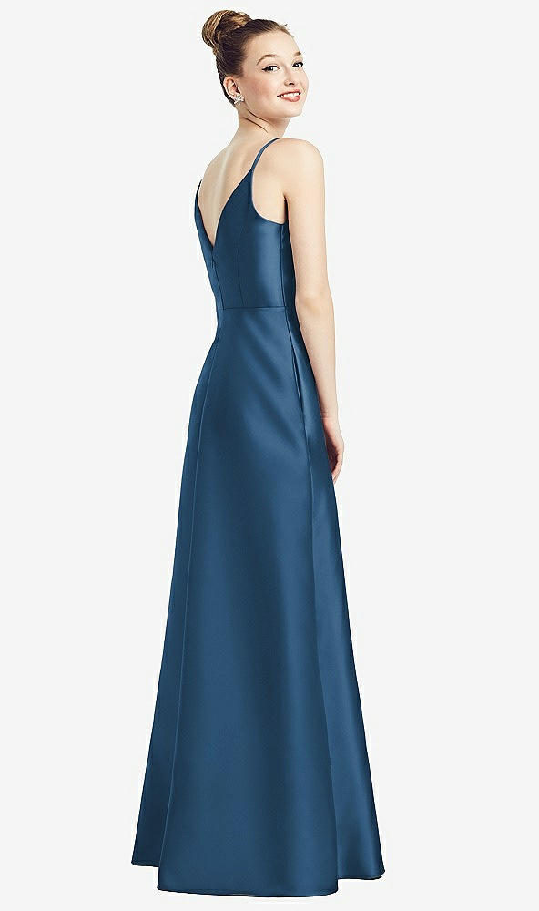 Back View - Dusk Blue Draped Wrap Satin Maxi Dress with Pockets
