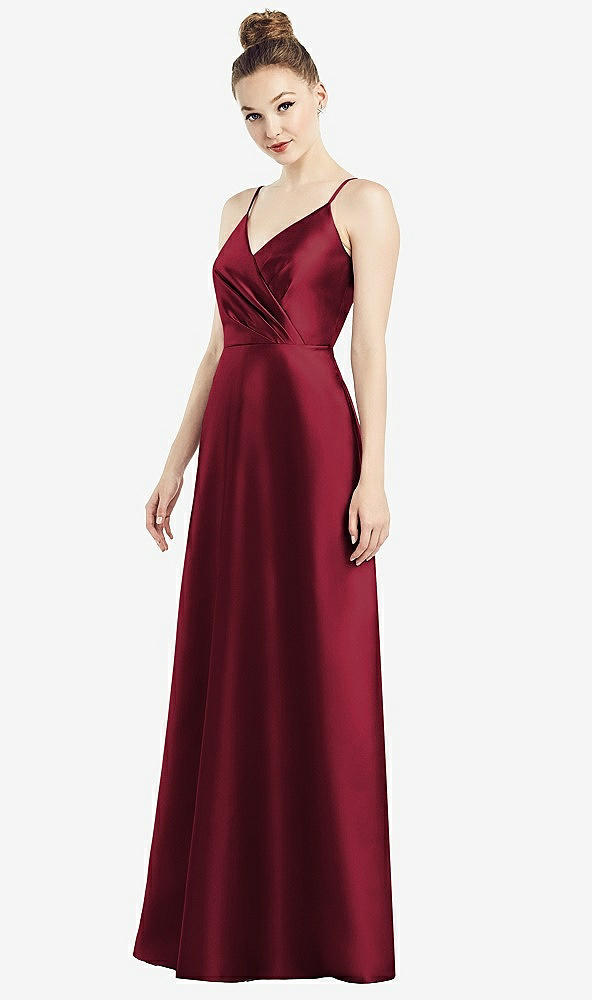 Front View - Burgundy Draped Wrap Satin Maxi Dress with Pockets