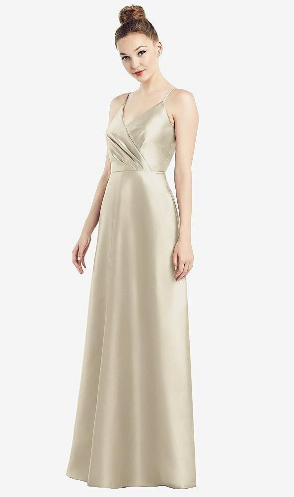 Front View - Champagne Draped Wrap Satin Maxi Dress with Pockets