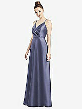 Front View Thumbnail - French Blue Draped Wrap Satin Maxi Dress with Pockets