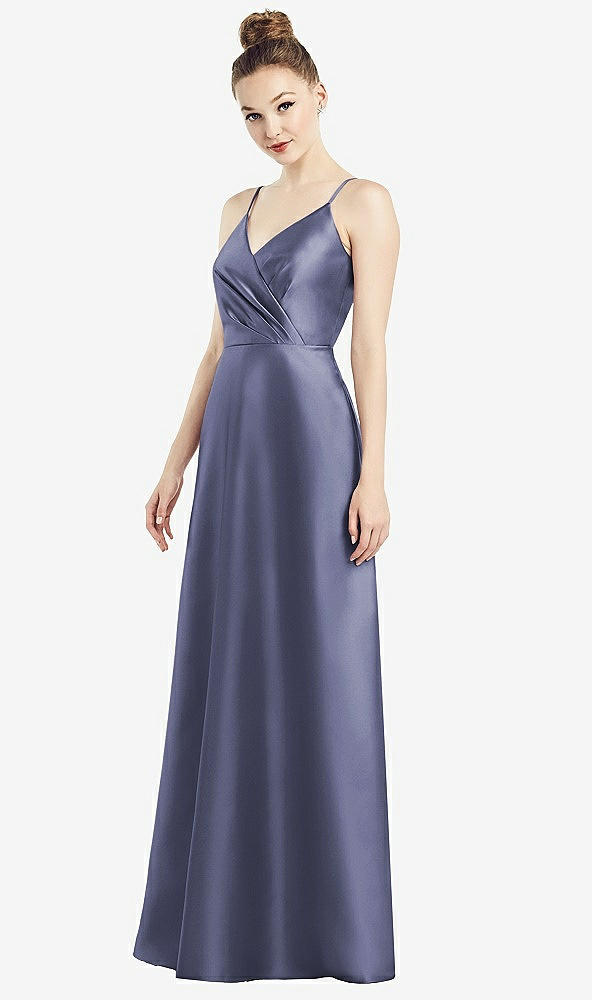 Front View - French Blue Draped Wrap Satin Maxi Dress with Pockets