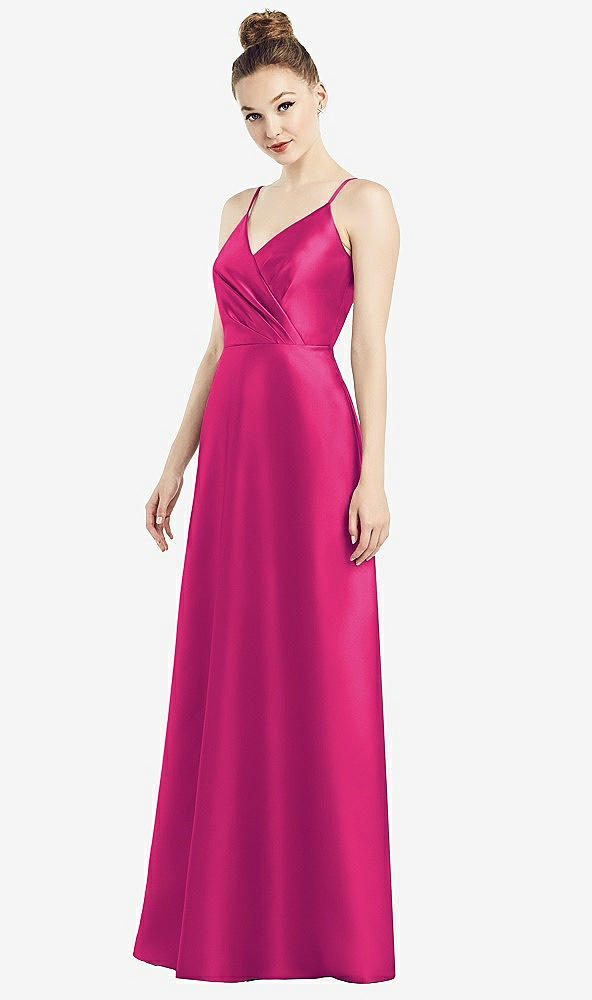 Front View - Think Pink Draped Wrap Satin Maxi Dress with Pockets