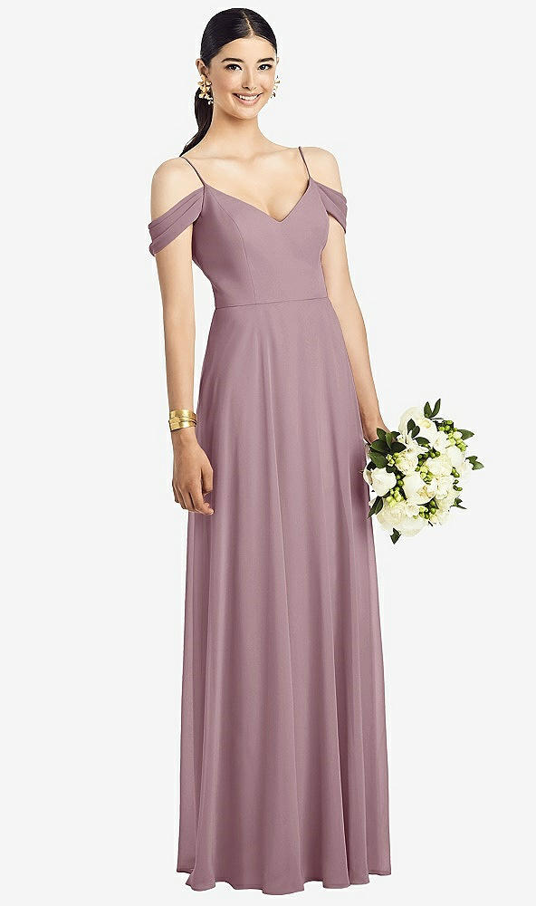 Front View - Dusty Rose Cold-Shoulder V-Back Chiffon Maxi Dress