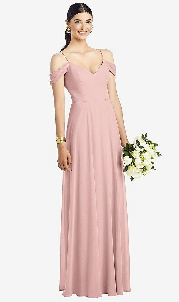 Front View - Rose - PANTONE Rose Quartz Cold-Shoulder V-Back Chiffon Maxi Dress