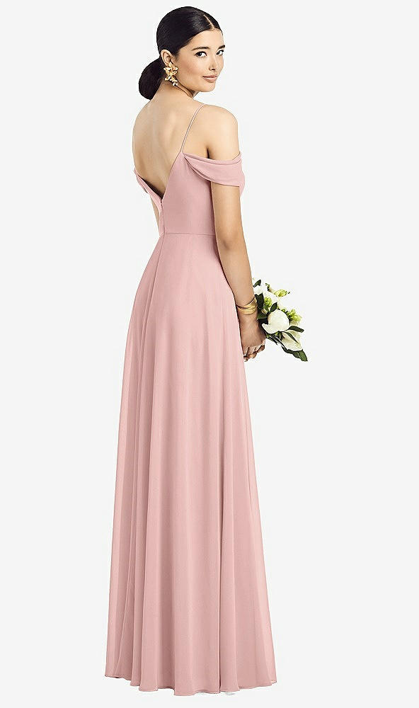 Back View - Rose - PANTONE Rose Quartz Cold-Shoulder V-Back Chiffon Maxi Dress