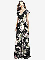 Front View Thumbnail - Noir Garden Flutter Sleeve Faux Wrap Chiffon Dress