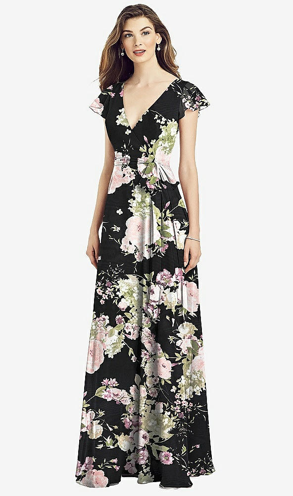 Front View - Noir Garden Flutter Sleeve Faux Wrap Chiffon Dress