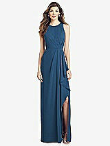 Front View Thumbnail - Dusk Blue Sleeveless Chiffon Dress with Draped Front Slit