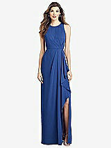 Front View Thumbnail - Classic Blue Sleeveless Chiffon Dress with Draped Front Slit