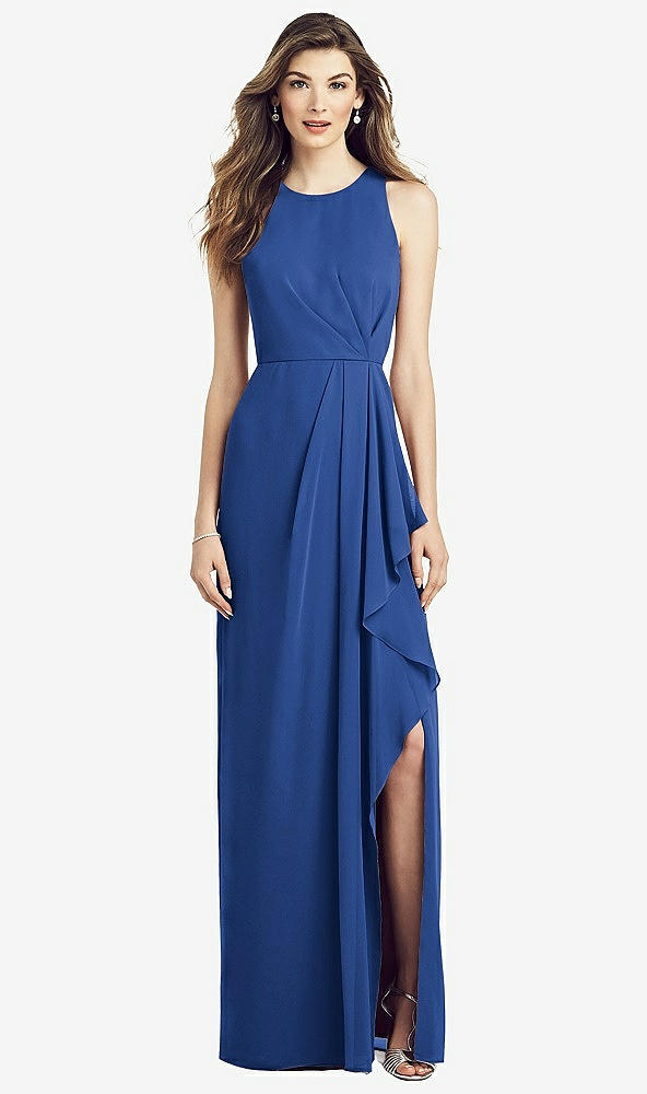 Front View - Classic Blue Sleeveless Chiffon Dress with Draped Front Slit