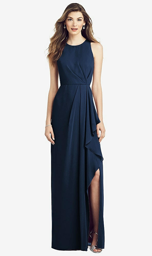 Front View - Midnight Navy Sleeveless Chiffon Dress with Draped Front Slit