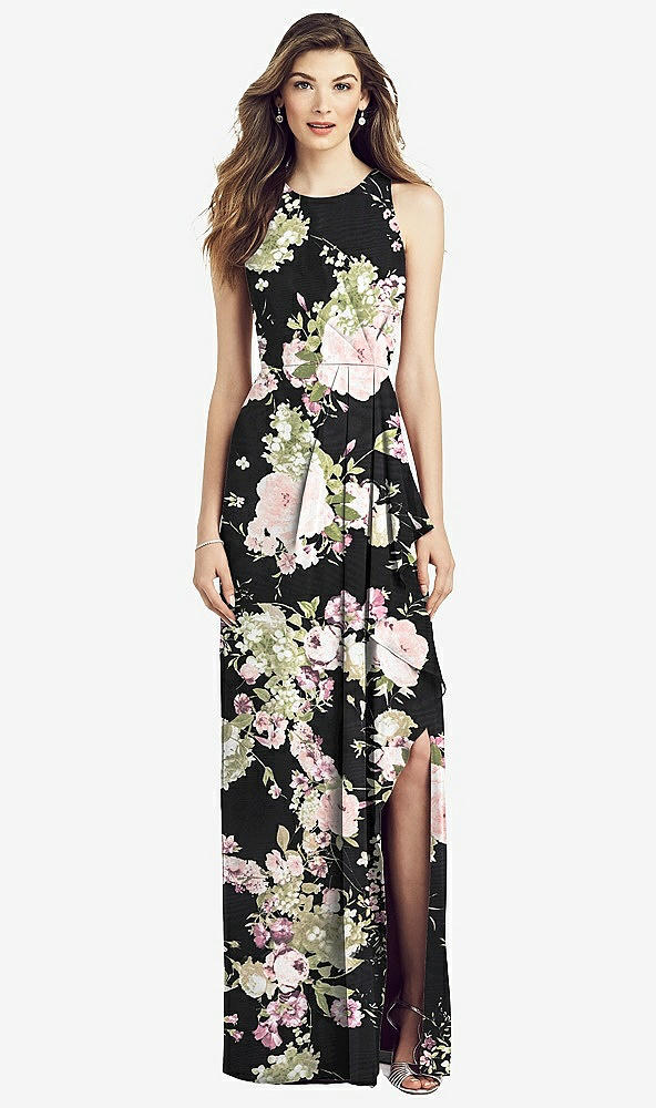 Front View - Noir Garden Sleeveless Chiffon Dress with Draped Front Slit