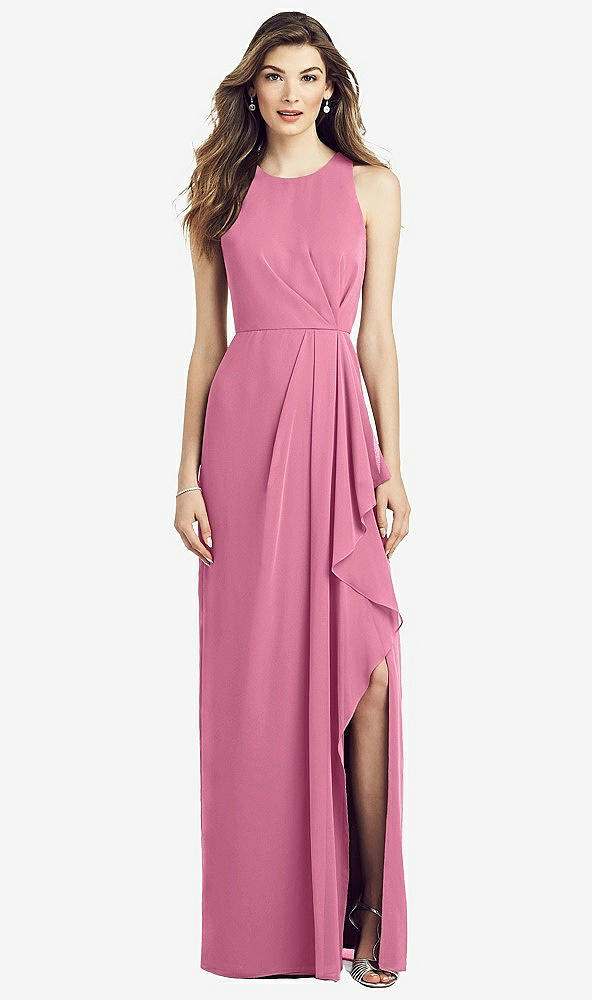 Front View - Orchid Pink Sleeveless Chiffon Dress with Draped Front Slit