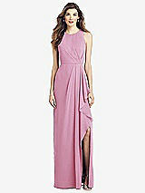 Front View Thumbnail - Powder Pink Sleeveless Chiffon Dress with Draped Front Slit