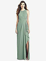 Front View Thumbnail - Seagrass Sleeveless Chiffon Dress with Draped Front Slit
