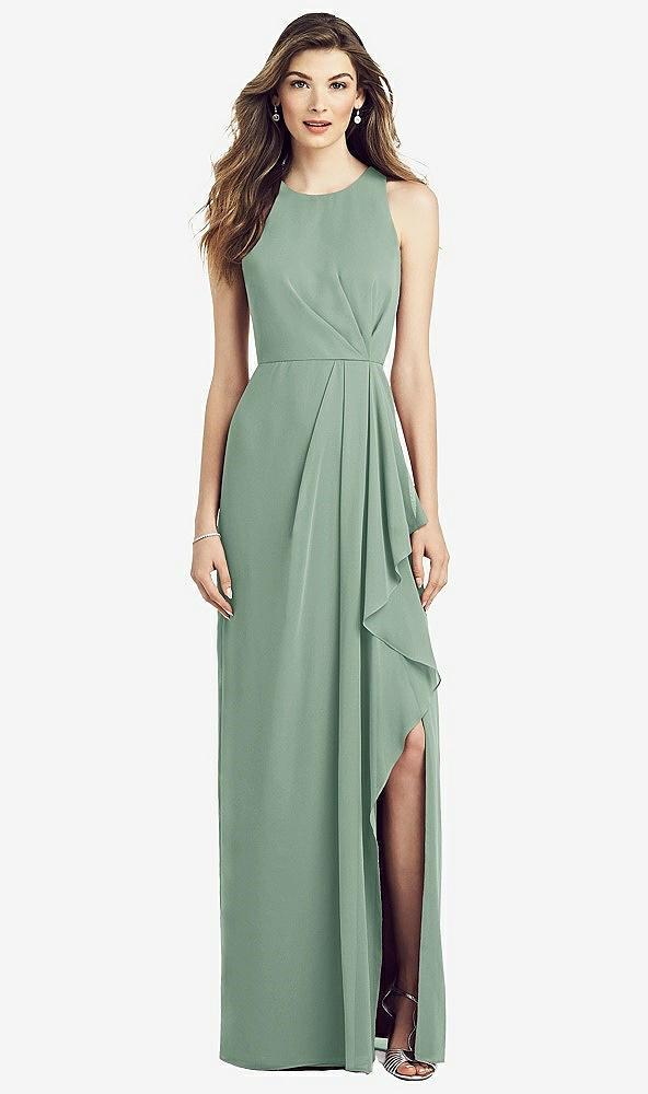 Front View - Seagrass Sleeveless Chiffon Dress with Draped Front Slit