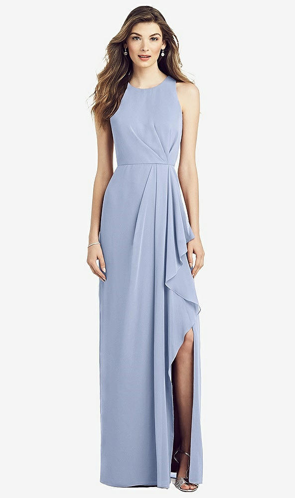 Front View - Sky Blue Sleeveless Chiffon Dress with Draped Front Slit