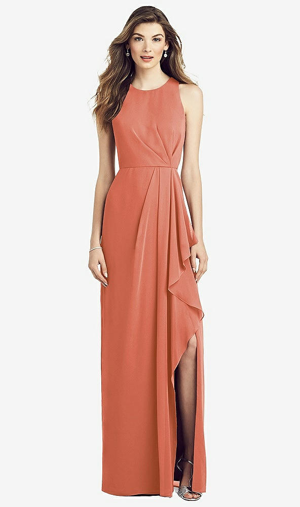 Front View - Terracotta Copper Sleeveless Chiffon Dress with Draped Front Slit