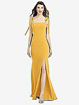 Front View Thumbnail - NYC Yellow Flat Tie-Shoulder Crepe Trumpet Gown with Front Slit