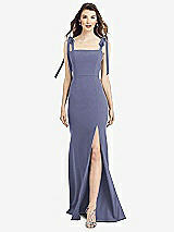 Front View Thumbnail - French Blue Flat Tie-Shoulder Crepe Trumpet Gown with Front Slit