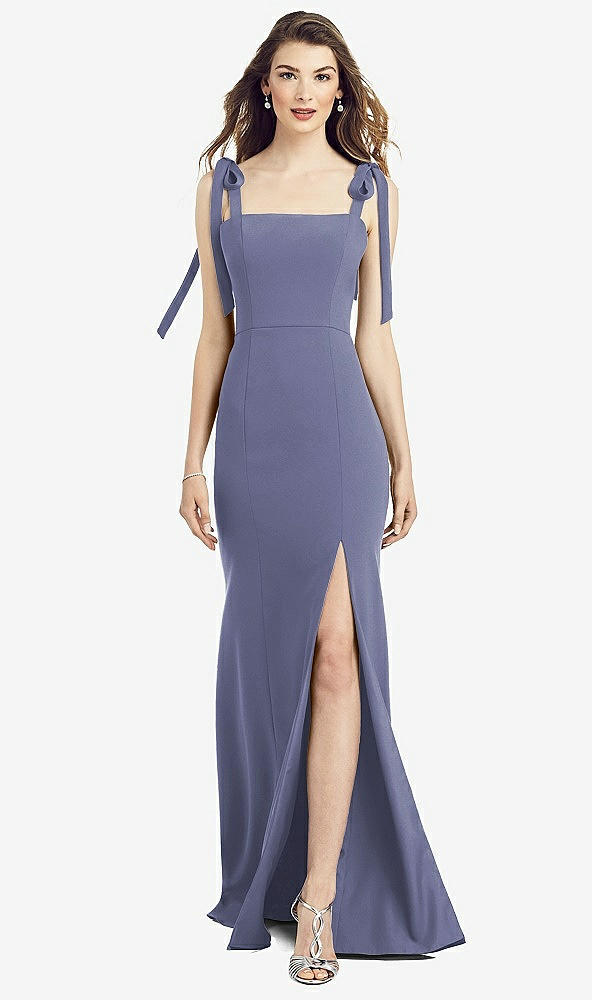 Front View - French Blue Flat Tie-Shoulder Crepe Trumpet Gown with Front Slit