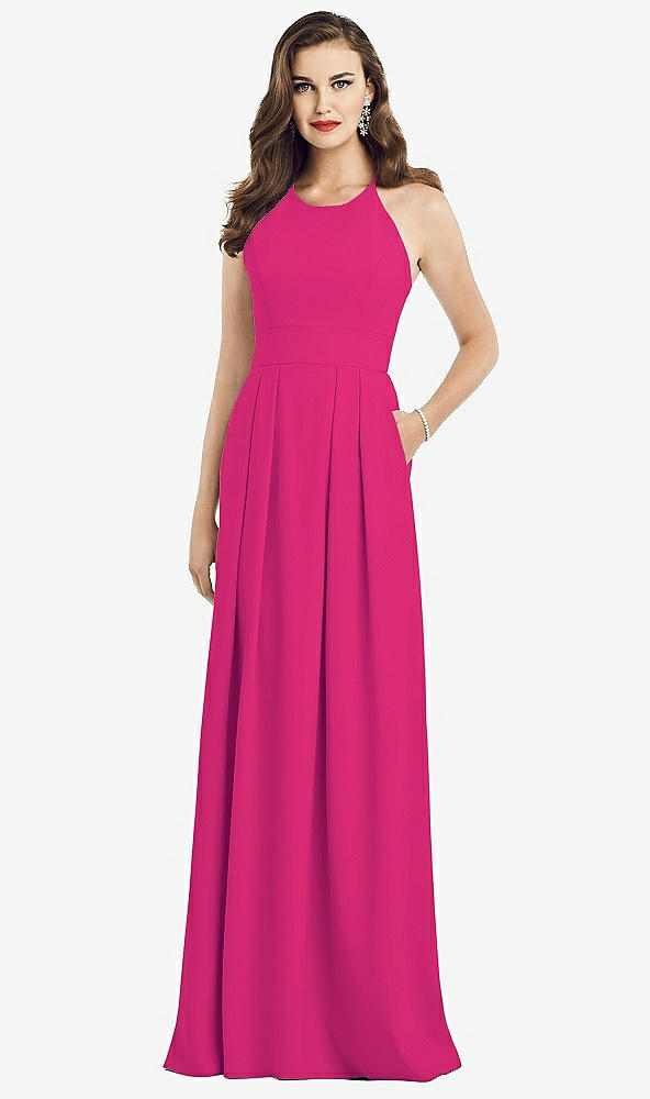Front View - Think Pink Criss Cross Back Crepe Halter Dress with Pockets