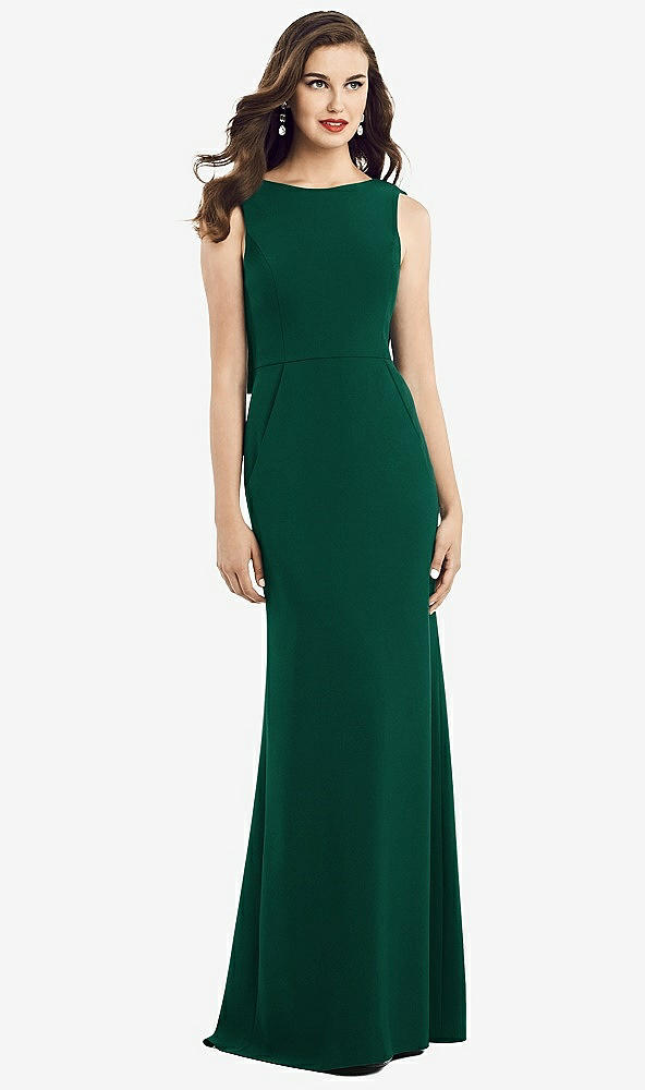 Back View - Hunter Green Draped Backless Crepe Dress with Pockets