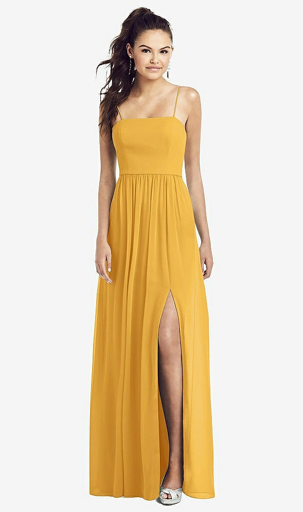 Front View - NYC Yellow Slim Spaghetti Strap Chiffon Dress with Front Slit 