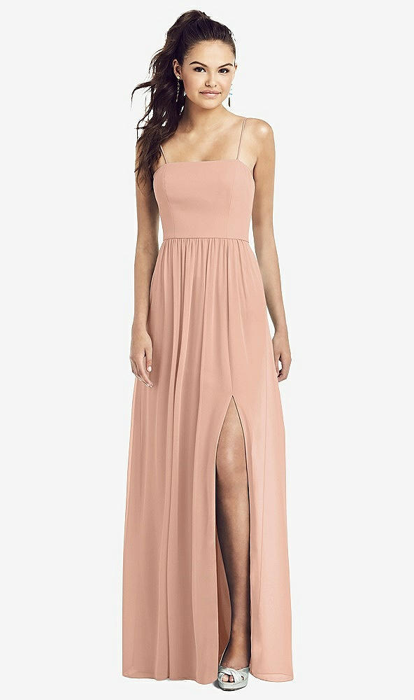 Front View - Pale Peach Slim Spaghetti Strap Chiffon Dress with Front Slit 
