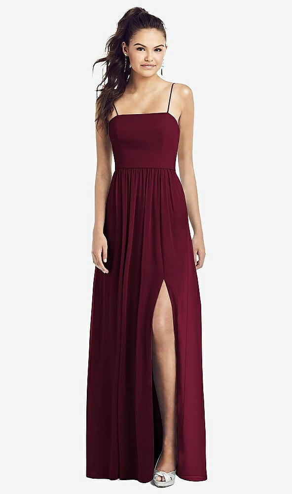 Front View - Cabernet Slim Spaghetti Strap Chiffon Dress with Front Slit 