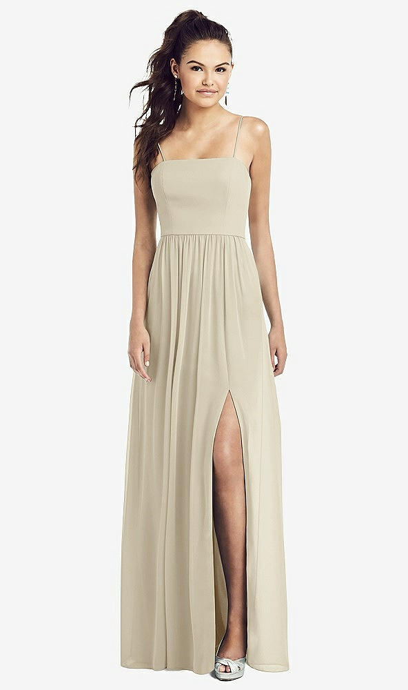 Front View - Champagne Slim Spaghetti Strap Chiffon Dress with Front Slit 